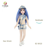 18 Inch Long Straight Blue Doll With a Blue and White Checked Hat and Bag 18123