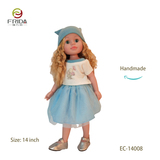 14 Inch Full Vinyl Doll with Blonde Curly Hair in Blue Skirt and Hat 14008