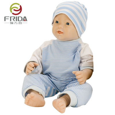 22 Inch Soft Cloth Doll Wearing a Blue and White Striped Onesie